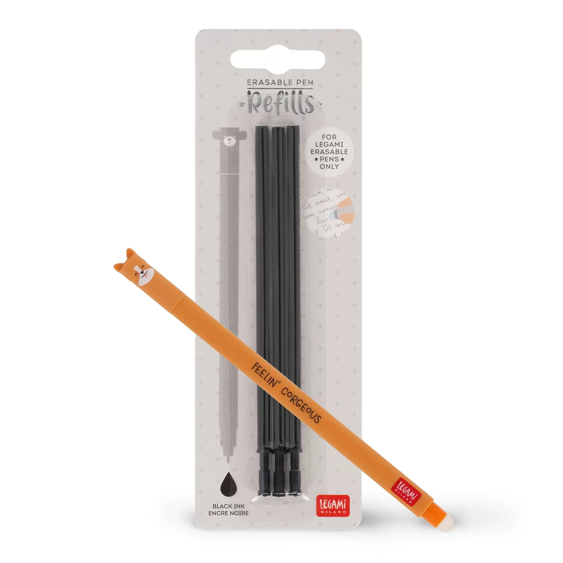 Legami Milano Erasables Stifte Nachfüllminen | Löschbare Stifte^Set Löschbarer Stift Corgi mit schwarzer Ersatzmine