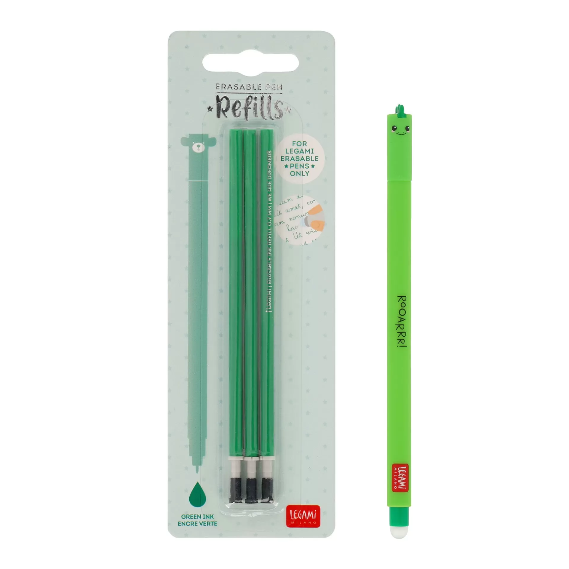 Legami Milano Erasables Stifte Nachfüllminen | Löschbare Stifte^Set Löschbarer Stift Dino mit grüner Ersatzmine