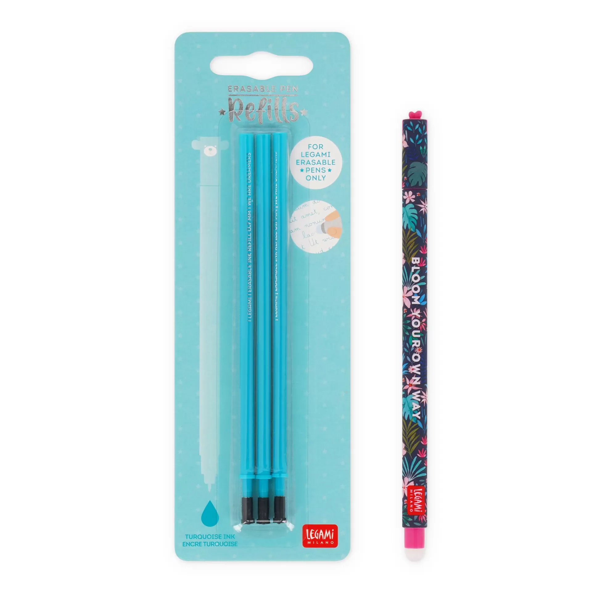 Legami Milano Erasables Stifte Nachfüllminen | Löschbare Stifte^Set Löschbarer Stift Flora mit türkisfarbener Ersatzmine