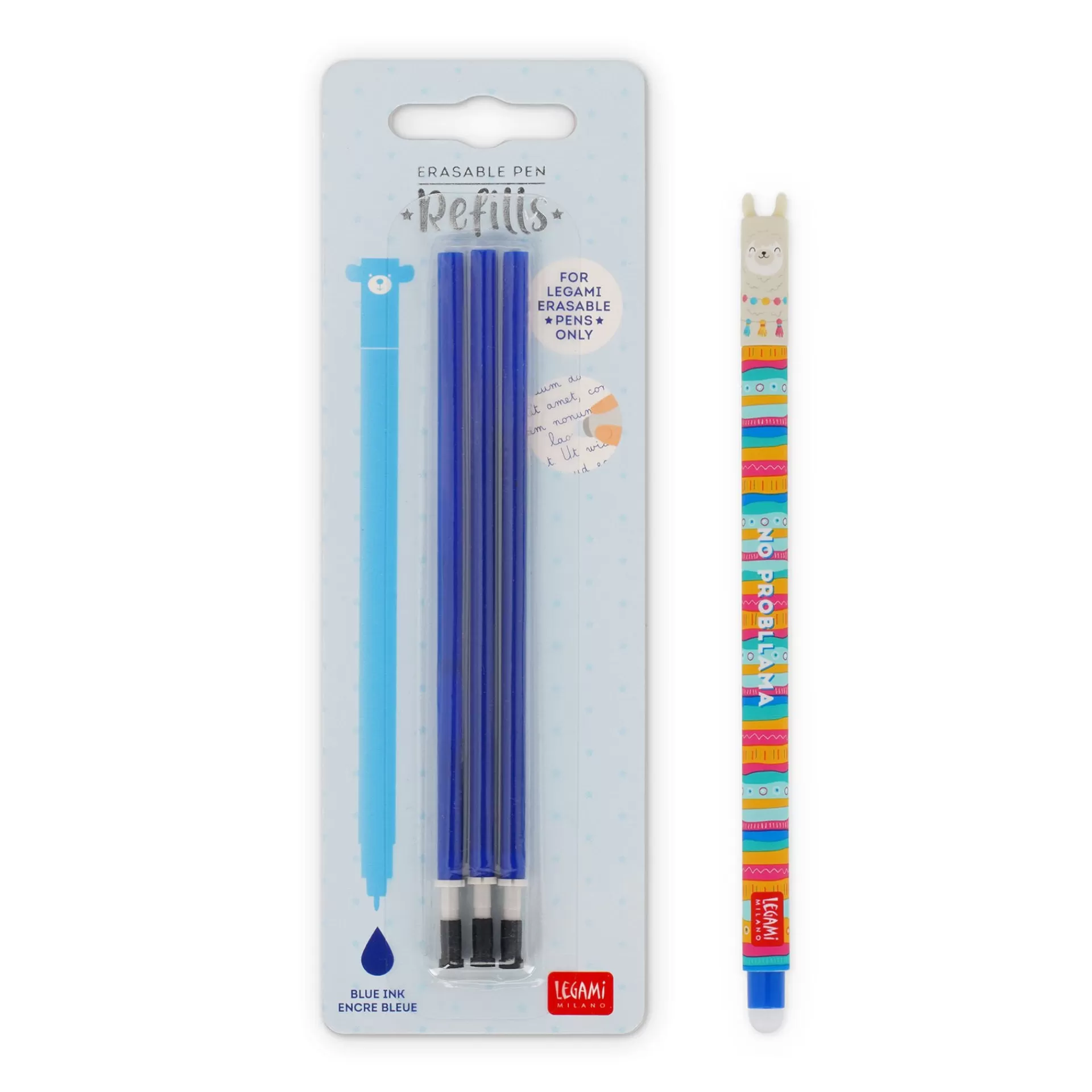 Legami Milano Erasables Stifte Nachfüllminen | Löschbare Stifte^Set Löschbarer Stift Llama mit blauer Ersatzmine