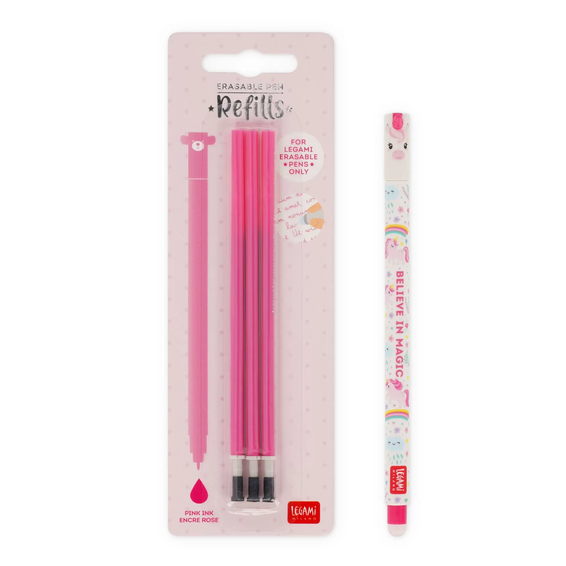 Legami Milano Erasables Stifte Nachfüllminen | Löschbare Stifte^Set Löschbarer Stift Unicorn mit rosa Ersatzmine